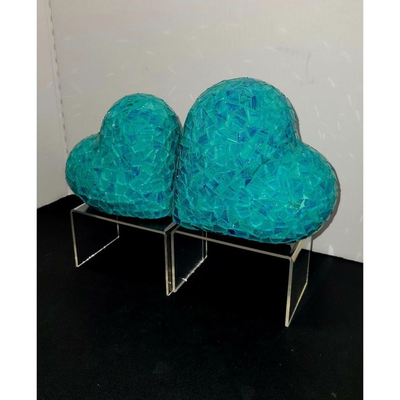 Vintage Teal Mosaic Art Glass Hearts Set Of 2 Tabletop 6"+ 5" Paperweight Decor - Picture 3 of 11
